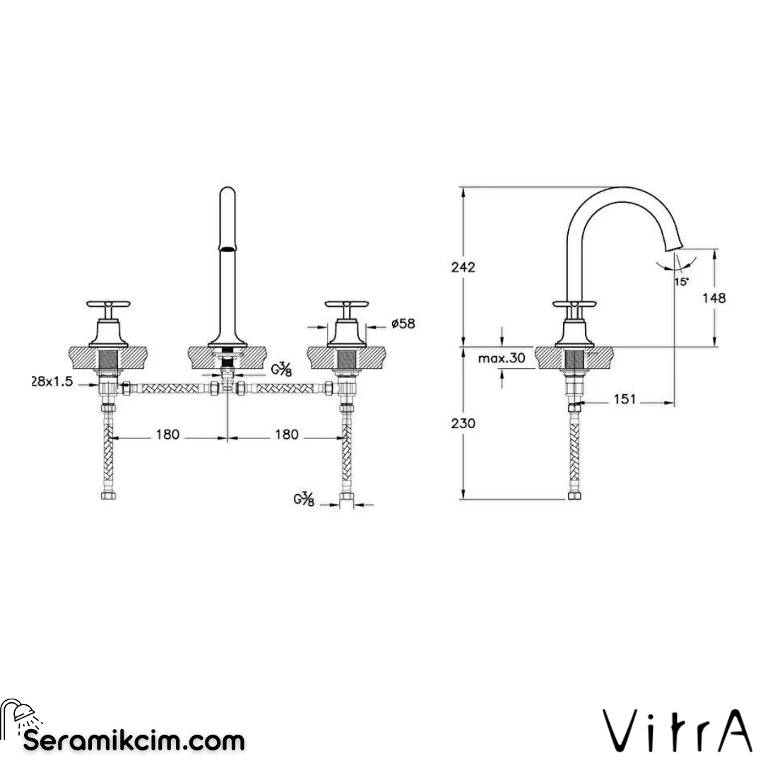 Vitra Origin Classic Lavabo Bataryası (3 Delikli Lavabolar İçin), Fırçalı Altın