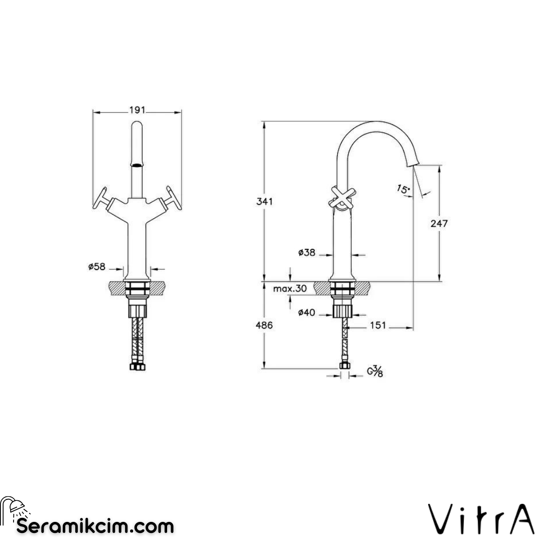 Vitra Origin Classic Lavabo Bataryası (Çift Kumandalı, Çanak), Mat Siyah