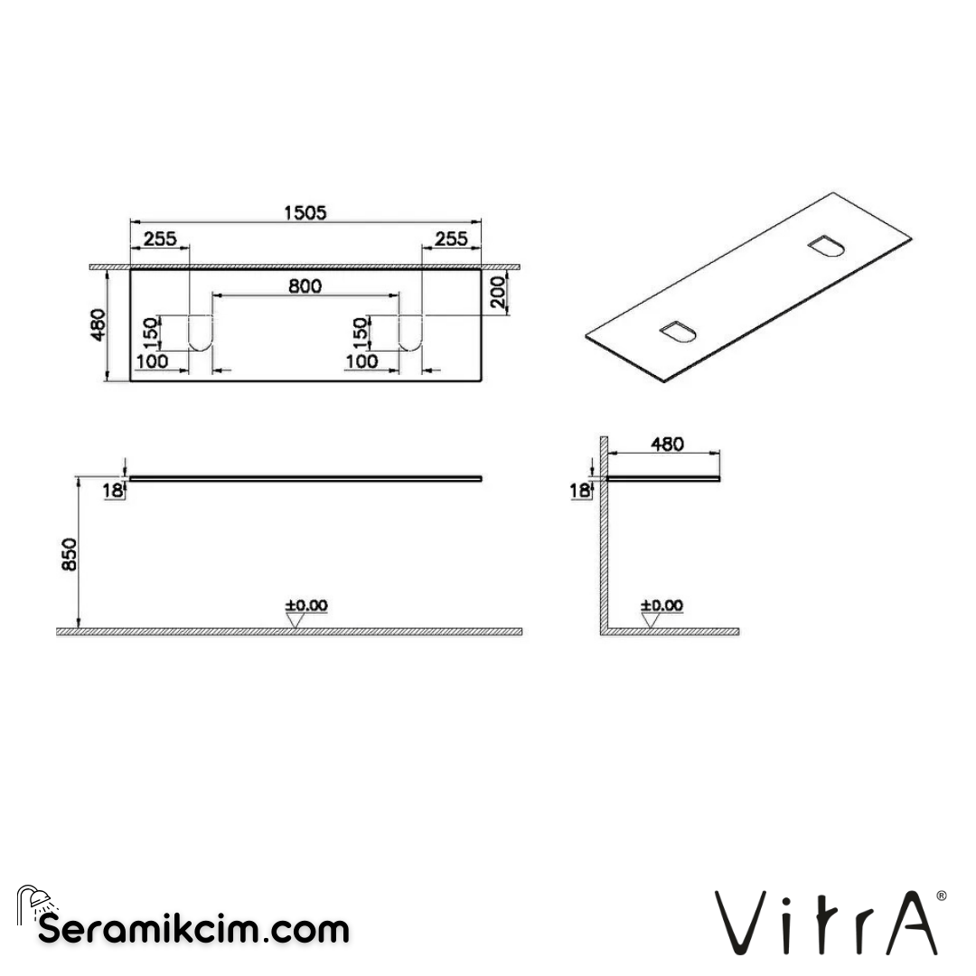 VitrA Origin Üst Tezgah 150 cm, ahşap armatür deliksiz, çift sifon delikli, hareli siyah meşe 65939 - 65939