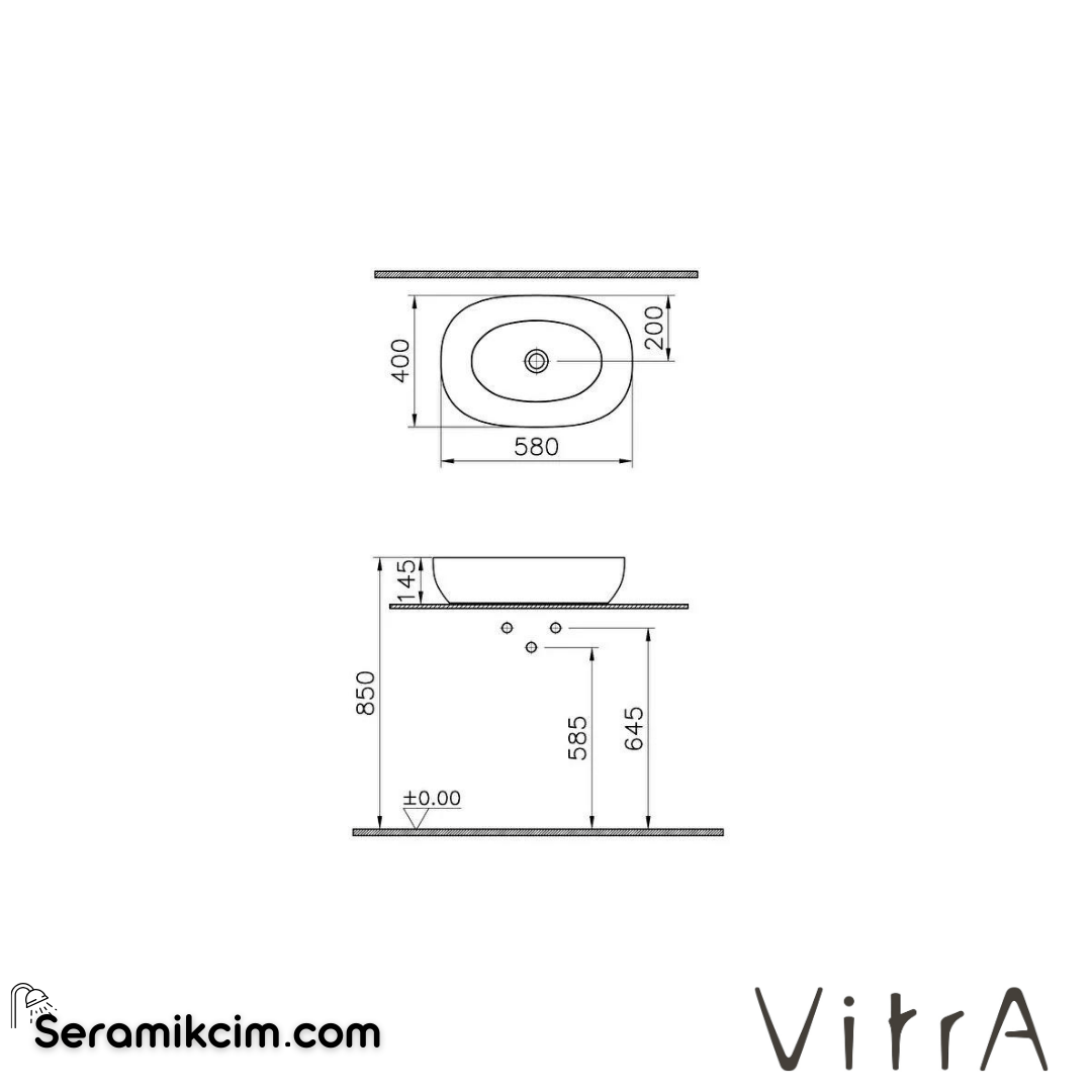 VitrA Outline Çanak Lavabo Oval, 60x40 cm Armatür Deliksiz, Su Taşma Deliksiz, Clean, Mat Taş Gri - 5995B476-0016