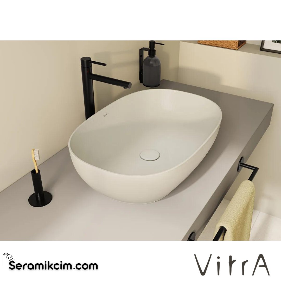 VitrA Outline Recycled Çanak Lavabo Oval, 60x41 cm Armatür Deliksiz, Su Taşma Deliksiz, Mat Bej - 7995B066-0016