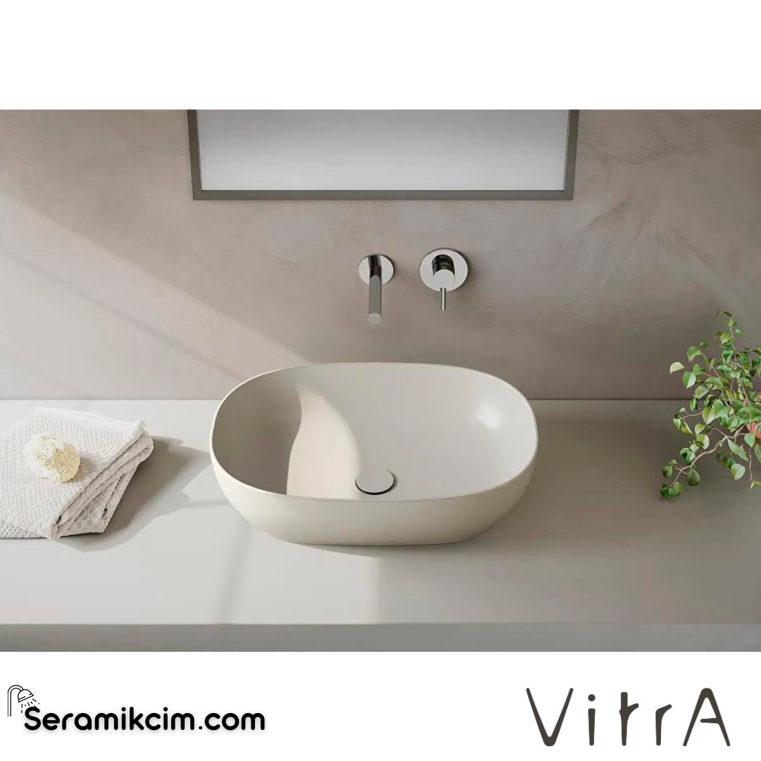 VitrA Outline Recycled Çanak Lavabo Oval, 60x41 cm Armatür Deliksiz, Su Taşma Deliksiz, Mat Bej - 7995B066-0016