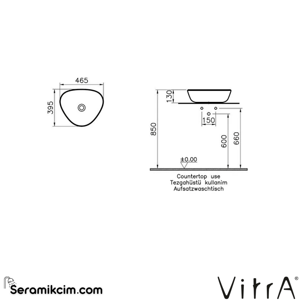 VitrA Plural Çanak Lavabo Üçgen, Kompakt, 45x40 cm Armatür Deliksiz, Su Taşma Deliksiz, Clean, Mat Kil Beji - 7812B474-0016
