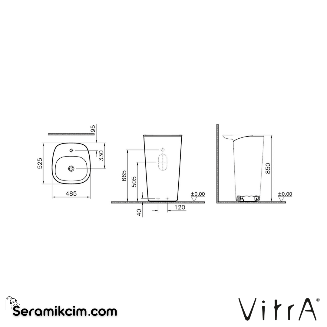 VitrA Plural Monoblok Lavabo Kompakt, 50x53 cm Tek Armatür Delikli, Su Taşma Delikli, Clean, Mat Beyaz - 7814B401-0001
