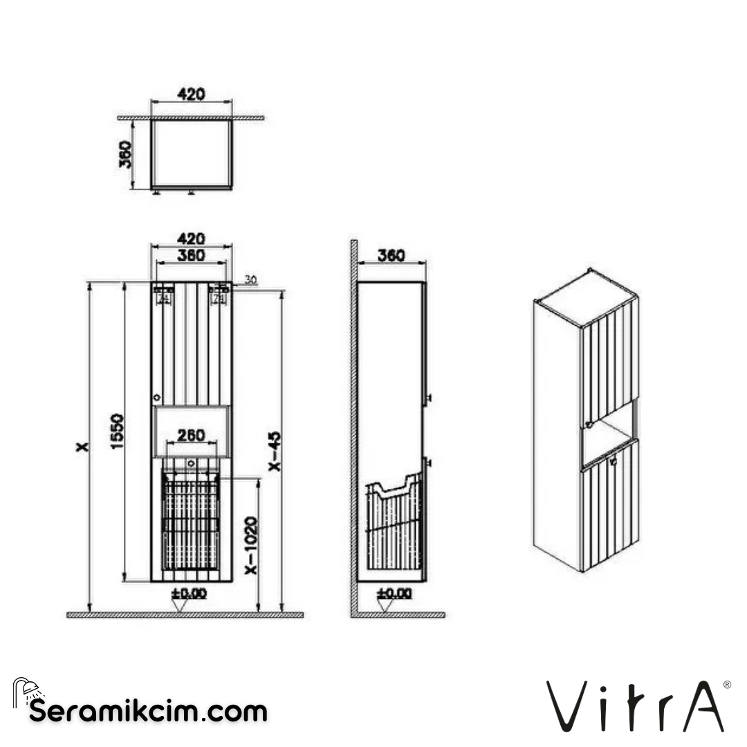 Vitra Root Groove Boy Dolabı, 40 Cm, Kısa, Çamaşır Sepetli, Mat Grafit, Sağ - 69104