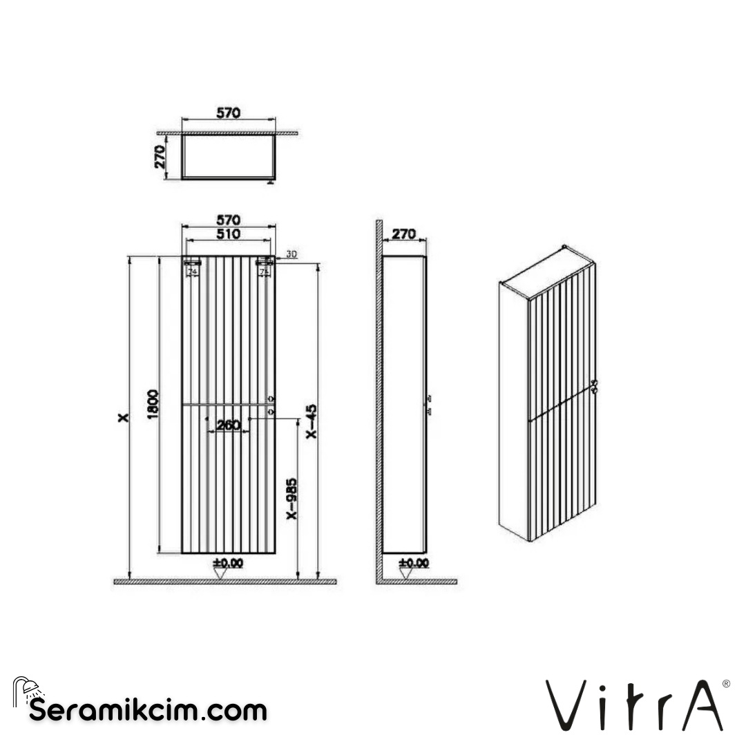 Vitra Root Groove Boy Dolabı, 55 Cm, Dar, Mat Gri - 69116