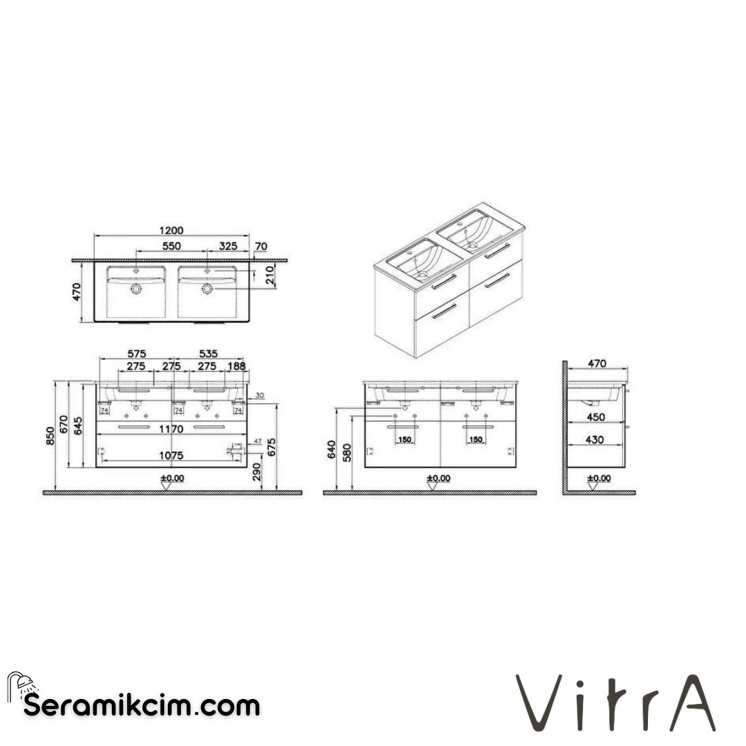 Vitra Root Lavabo Dolabı, Dört Çekmeceli, 120 Cm, Parlak Sahra Beji, Köşeli Lavabolu - 66284