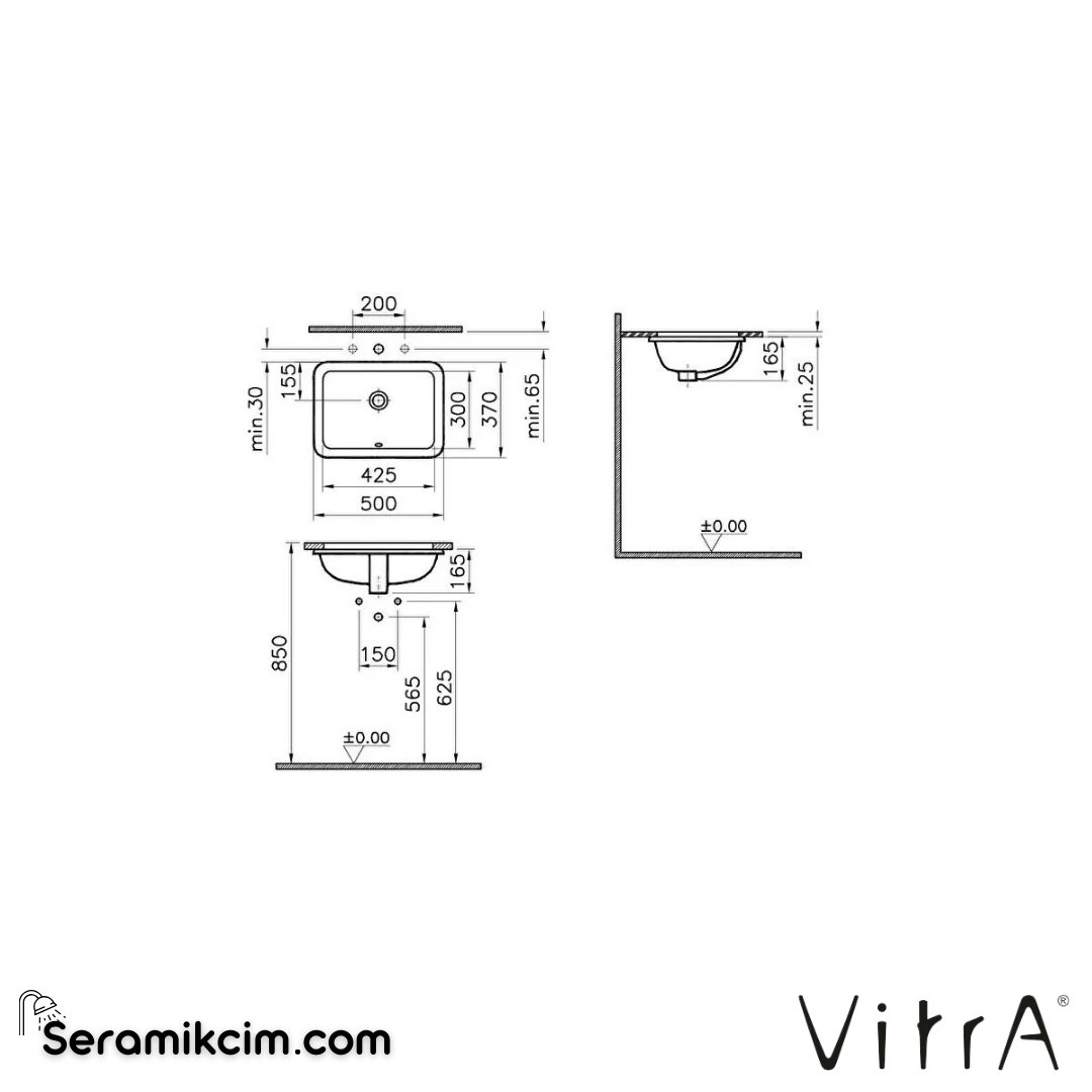 Vitra S20 Tezgahaltı Lavabo Dikdörtgen, Kompakt, 50X37 Cm Armatür Deliksiz, Su Taşma Delikli, Beyaz 5474B003-0618 - 5474B003-0618