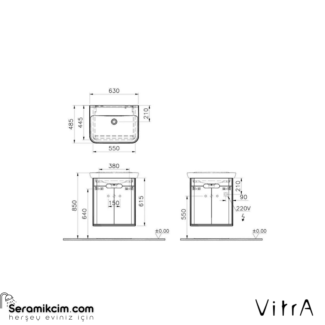 Vitra Sento Lavabo Dolabı, 65 Cm, Kapaklı, Ayaksız, Mat Antrasit