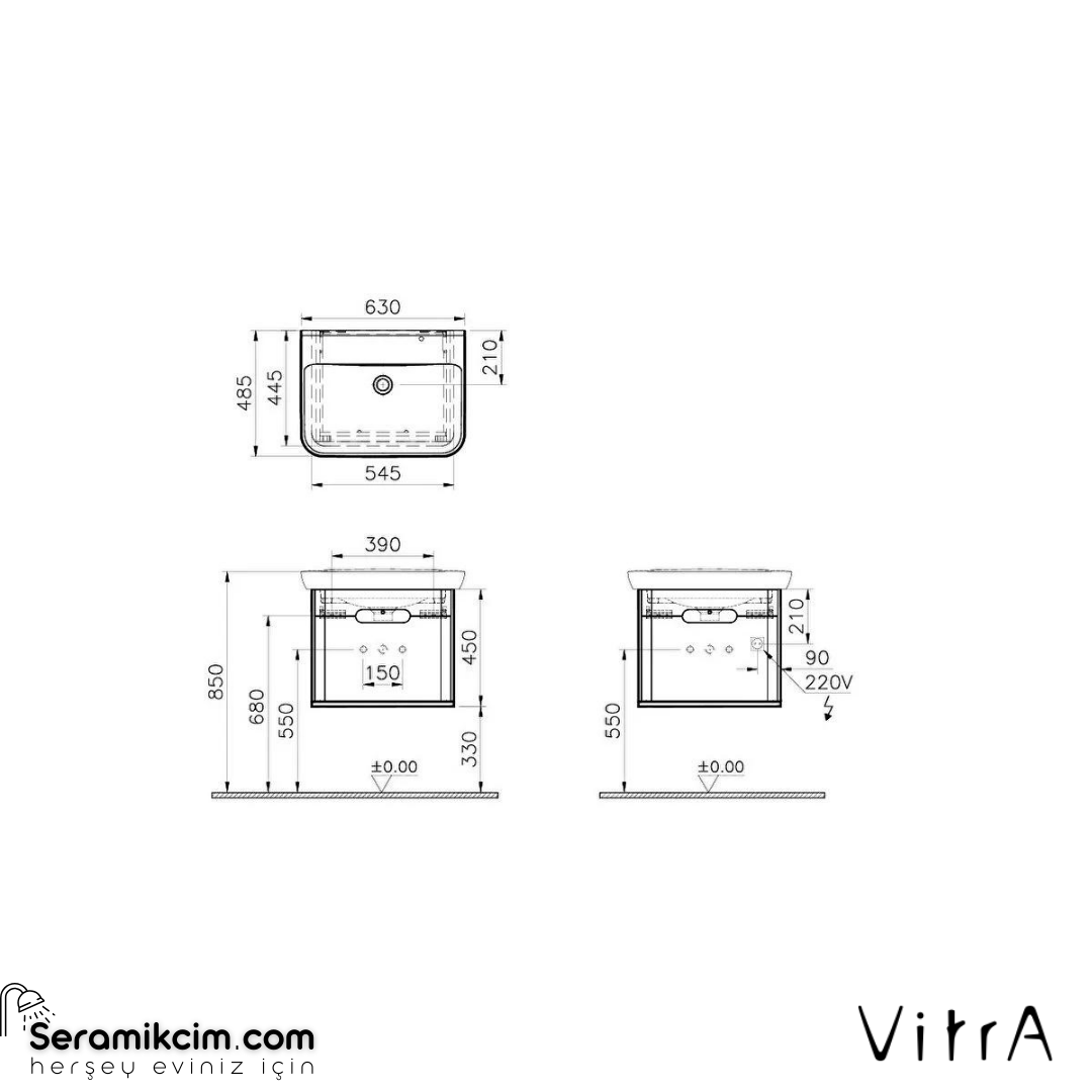 Vitra Sento Lavabo Dolabı, 65 Cm, Tek Çekmeceli, Ayaksız, Mat Açık Gri