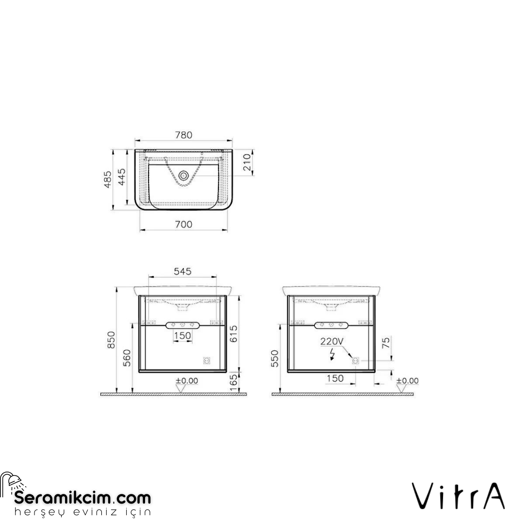 Vitra Sento Lavabo Dolabı, 80 Cm, Çift Çekmeceli, Ayaksız, Mat Antrasit