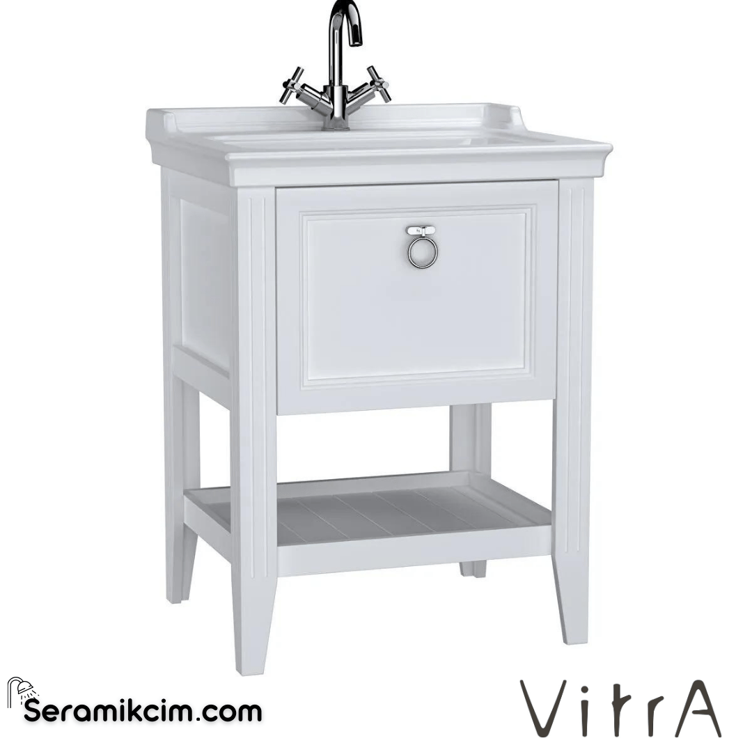 Vitra Valarte Lavabo Dolabı, 65 Cm, Çekmeceli, Etajerli Lavabolu, Tek Armatür Delikli, Krom Kulplu, Mat Beyaz - 62177