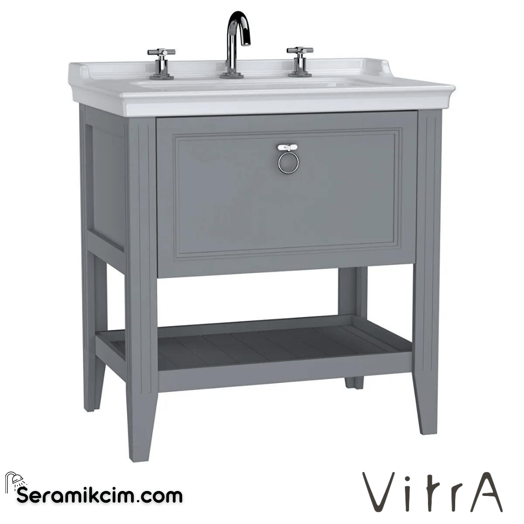 Vitra Valarte Lavabo Dolabı, 80 Cm, Çekmeceli, Etajerli Lavabolu, Üç Armatür Delikli, Krom Kulplu, Mat Gri - 62190