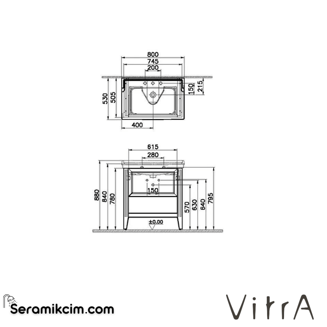 Vitra Valarte Lavabo Dolabı, 80 Cm, Çekmeceli, Etajerli Lavabolu, Üç Armatür Delikli, Krom Kulplu, Mat Gri - 62190
