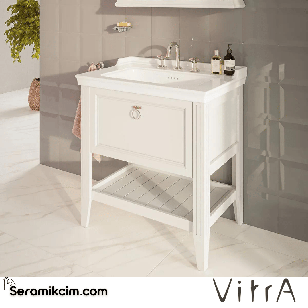 Vitra Valarte Lavabo Dolabı, 80 Cm, Çekmeceli, Etajerli Lavabolu, Tek Armatür Delikli, Krom Kulplu, Mat Beyaz - 62180