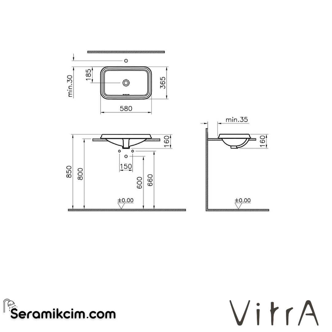 VitrA Valarte Tezgahüstü Lavabo Dikdörtgen, 60x37 cm Armatür Deliksiz, Su Taşma Delikli, Beyaz - 7800B403-0012