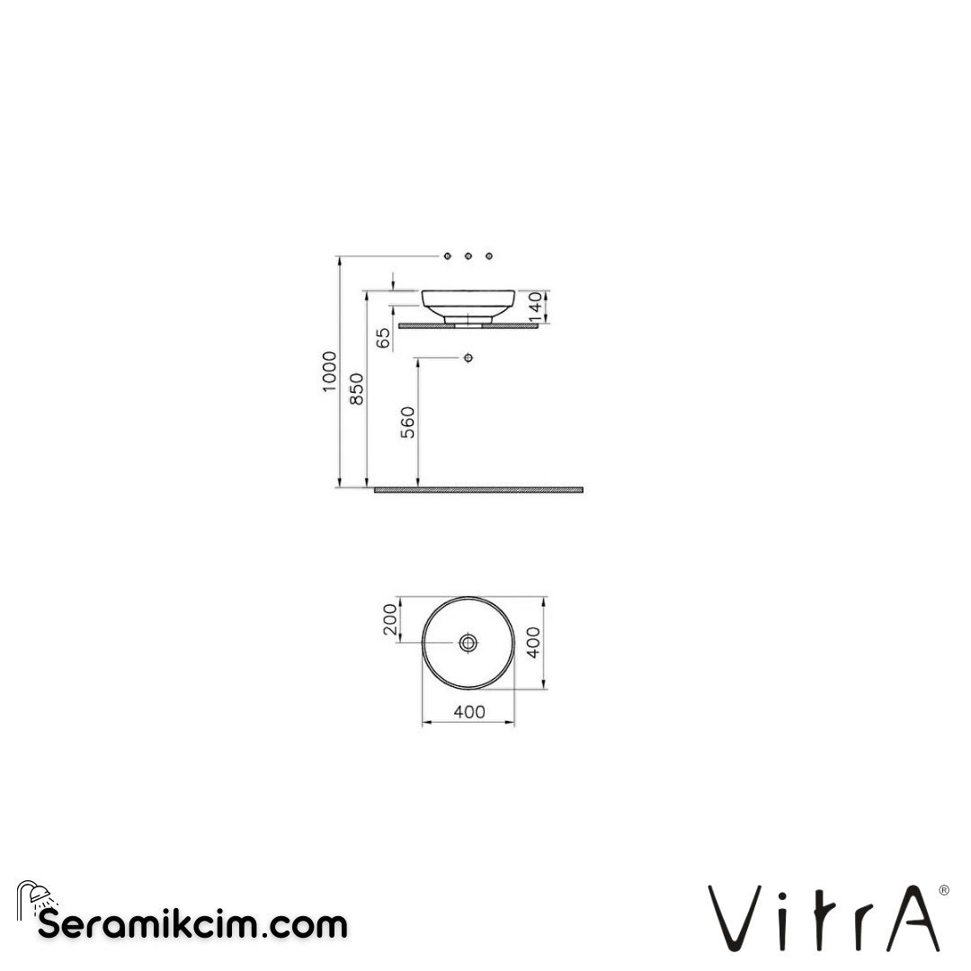 VitrA Water Jewels Çanak Lavabo Yuvarlak, Kompakt, 40x40 cm Armatür Deliksiz, Su Taşma Deliksiz, Mat Taş Gri - 4334B476-1361