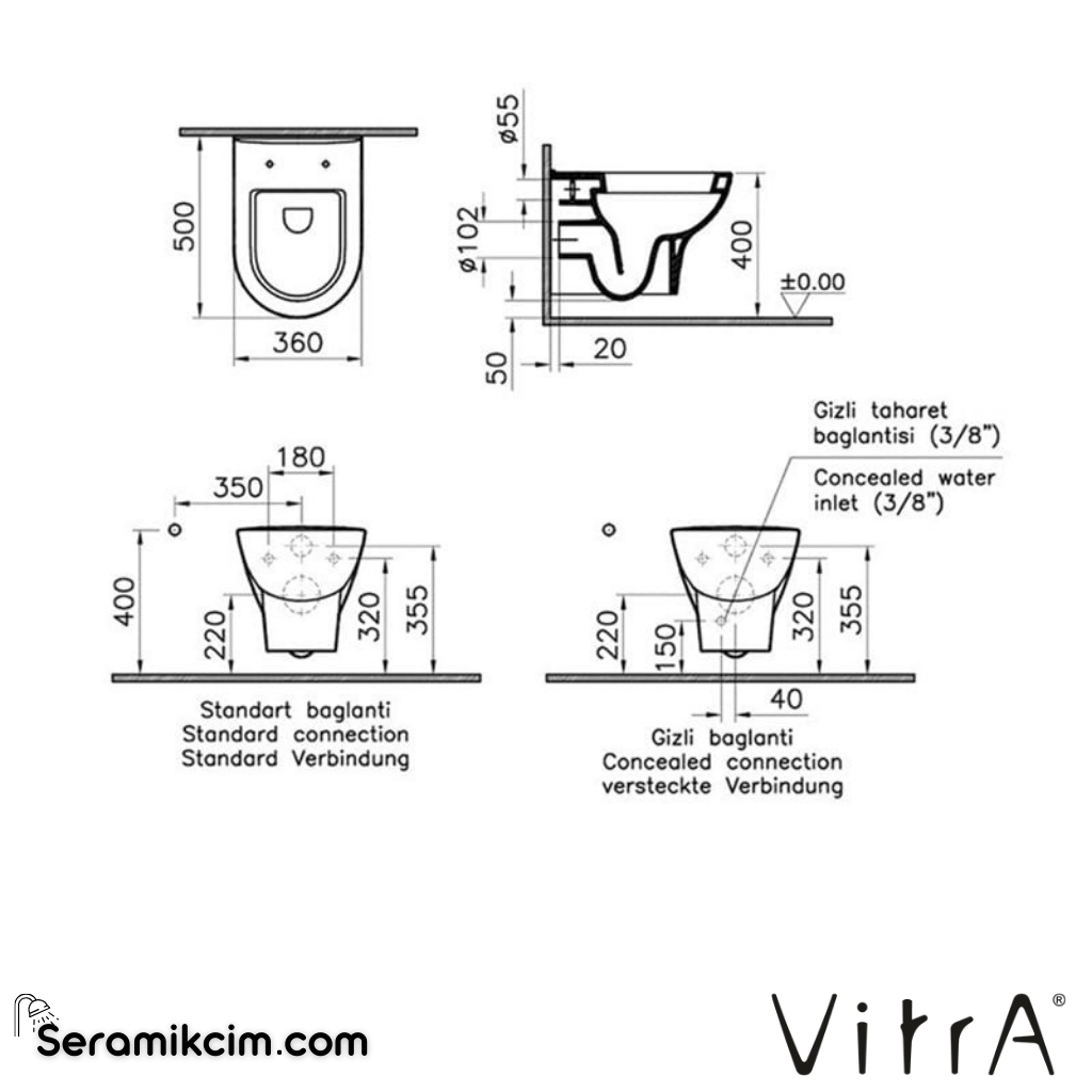 VitrA Zentrum Asma Klozet 43 cm Taharet Borulu, Beyaz - 5785L003-0850