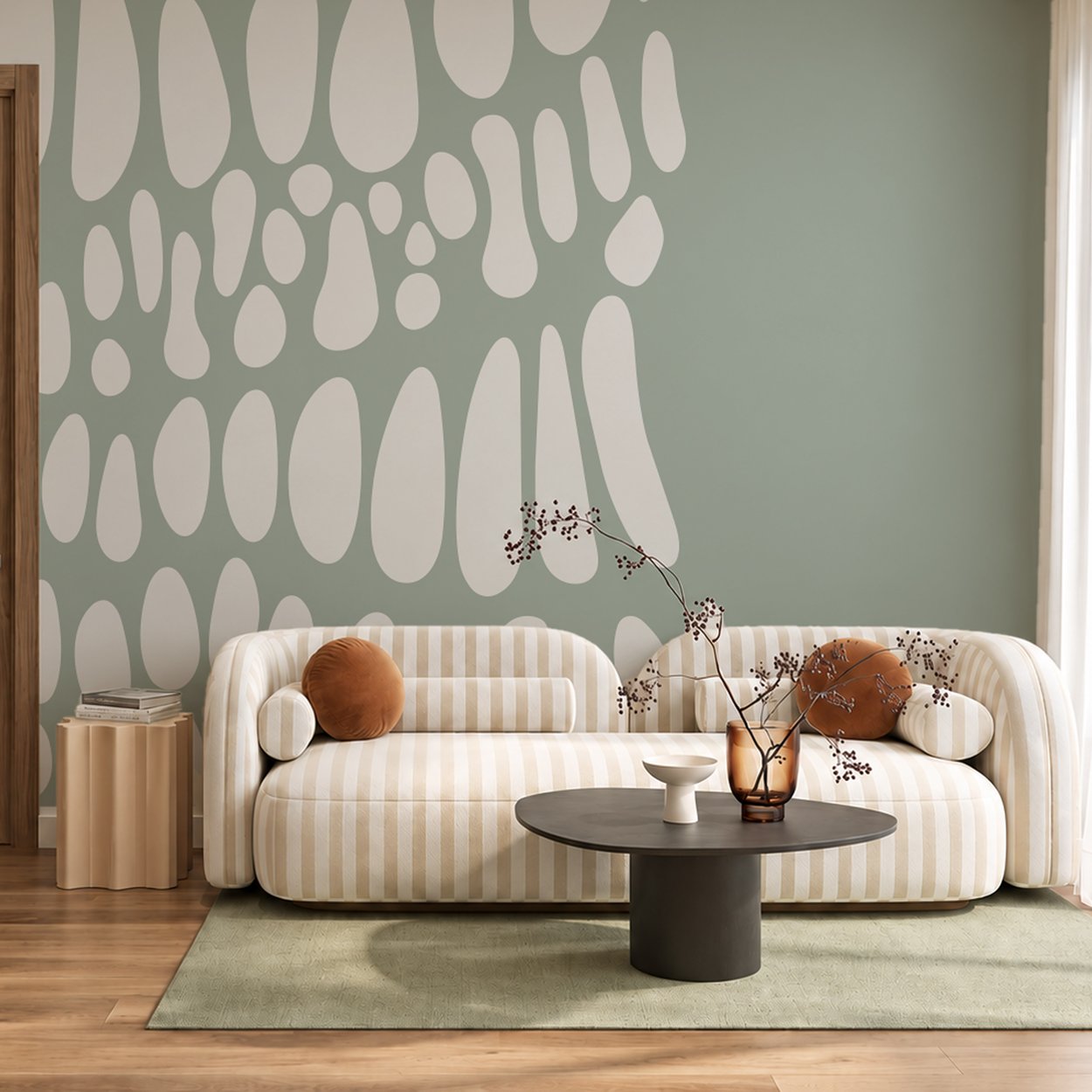 Adaçayı Yeşili Zeminde Kırık Beyaz Organik Oval Formlar Modern Poster Duvar Kağıdı
