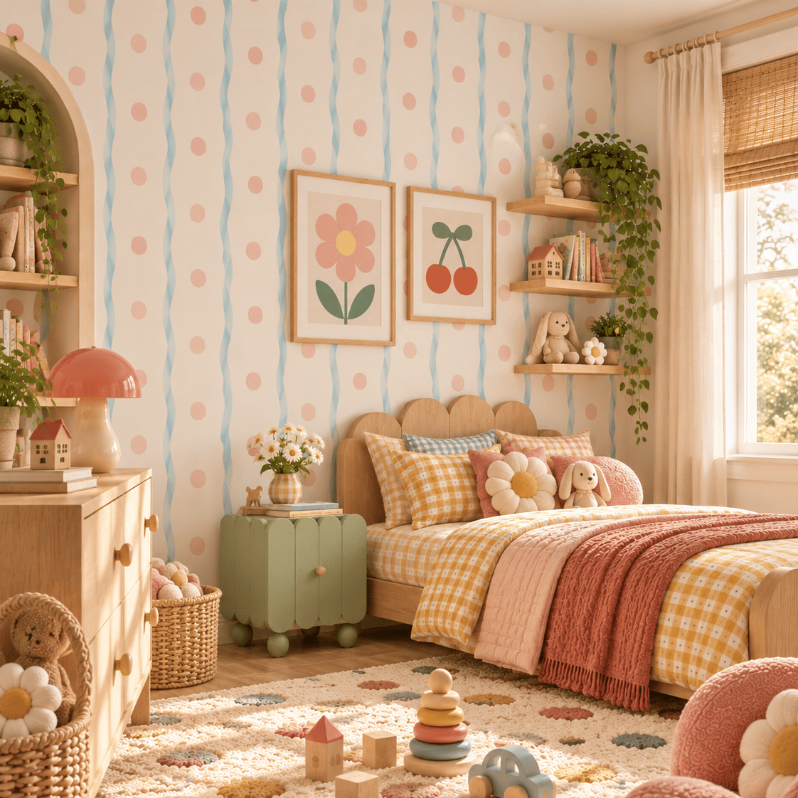 Açık Mavi Dalgalı Çizgiler ve Pastel Pembe Puantiyeler Çocuk Odası Poster Duvar Kağıdı