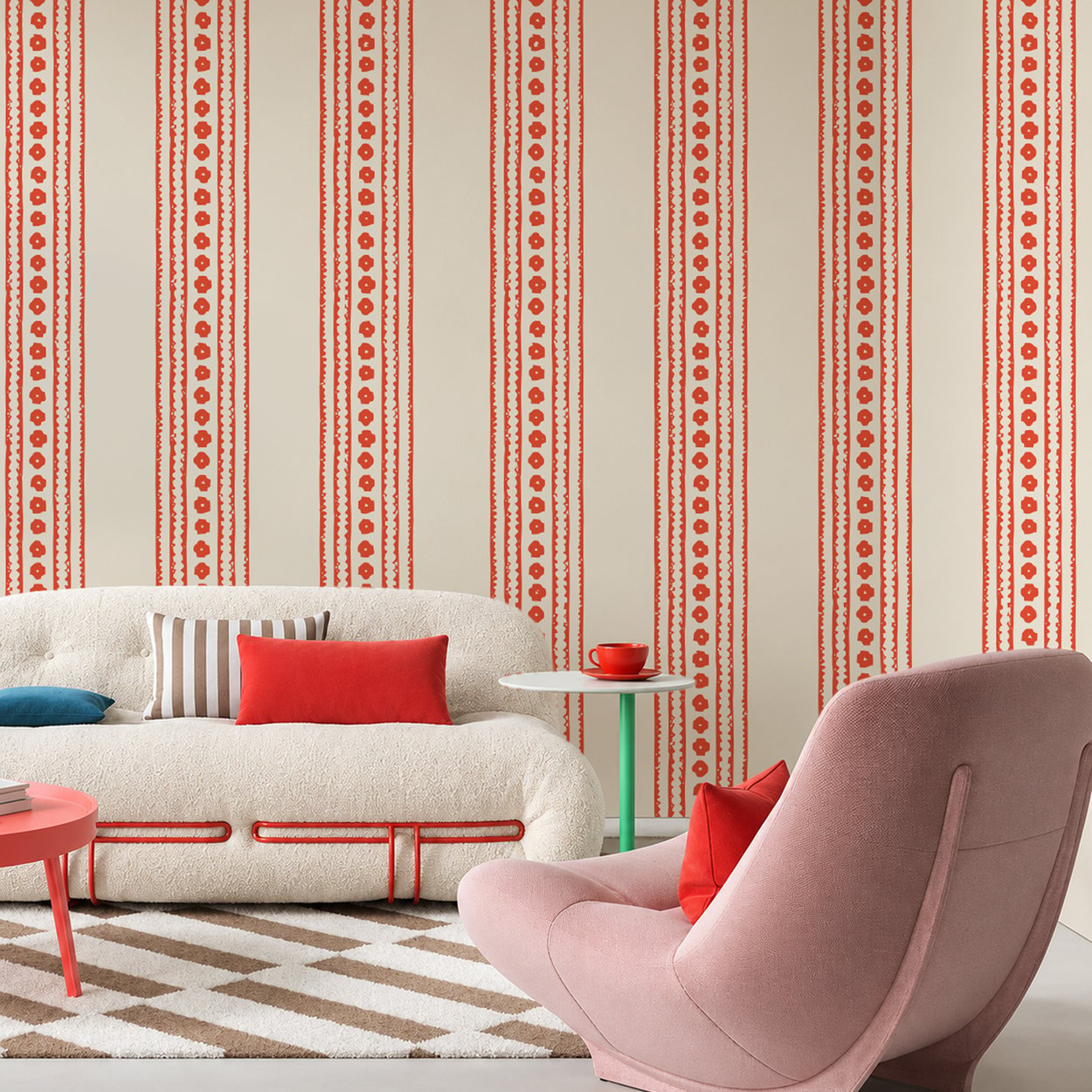 Kırık Beyaz Zeminde Mercan Kırmızısı Geometrik Çiçekli Dikey Şeritler Modern Poster Duvar Kağıdı