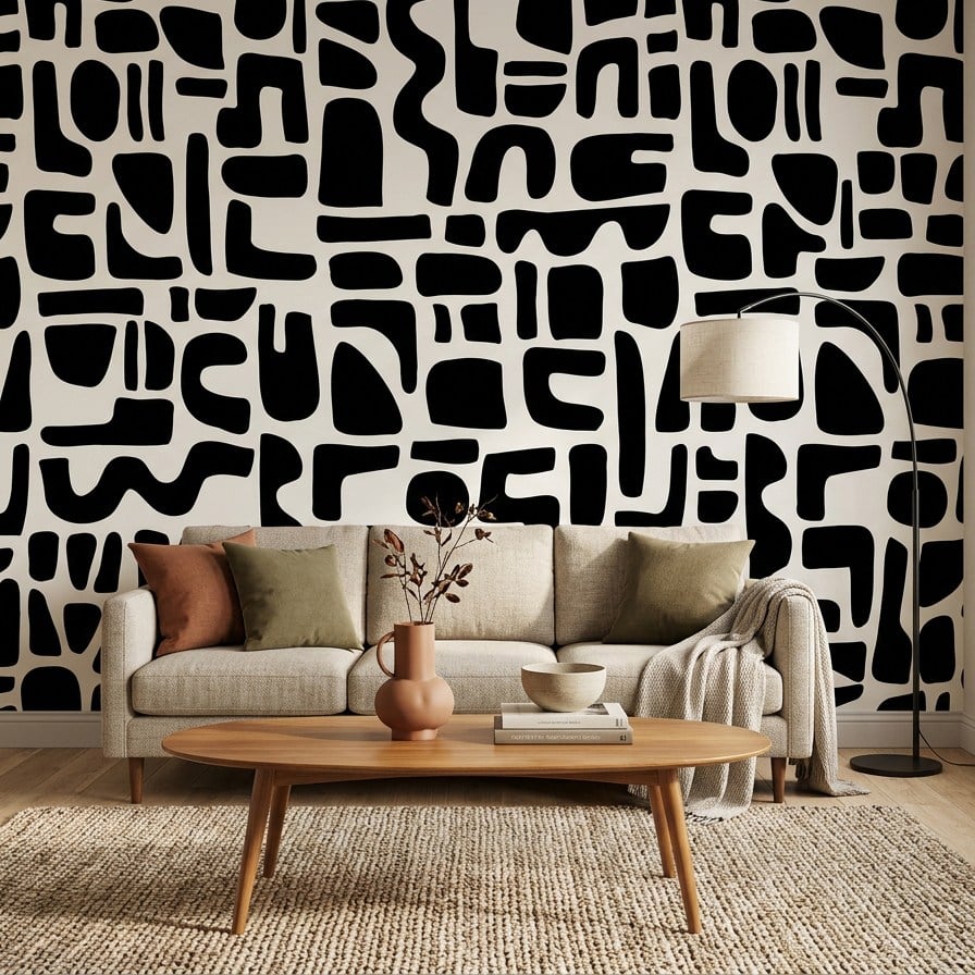 Kırık Beyaz Zeminde Siyah Organik Geometrik Bloklar Soyut Modern Poster Duvar Kağıdı