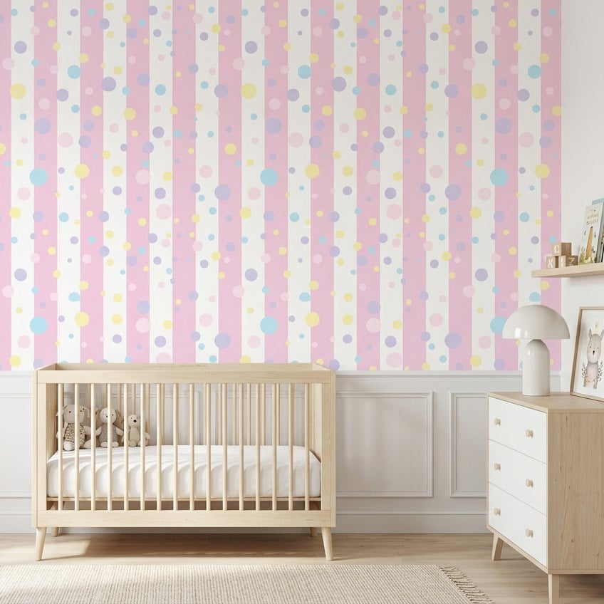 Pastel Pembe Çizgili Puantiyeli Çocuk Odası Poster Duvar Kağıdı