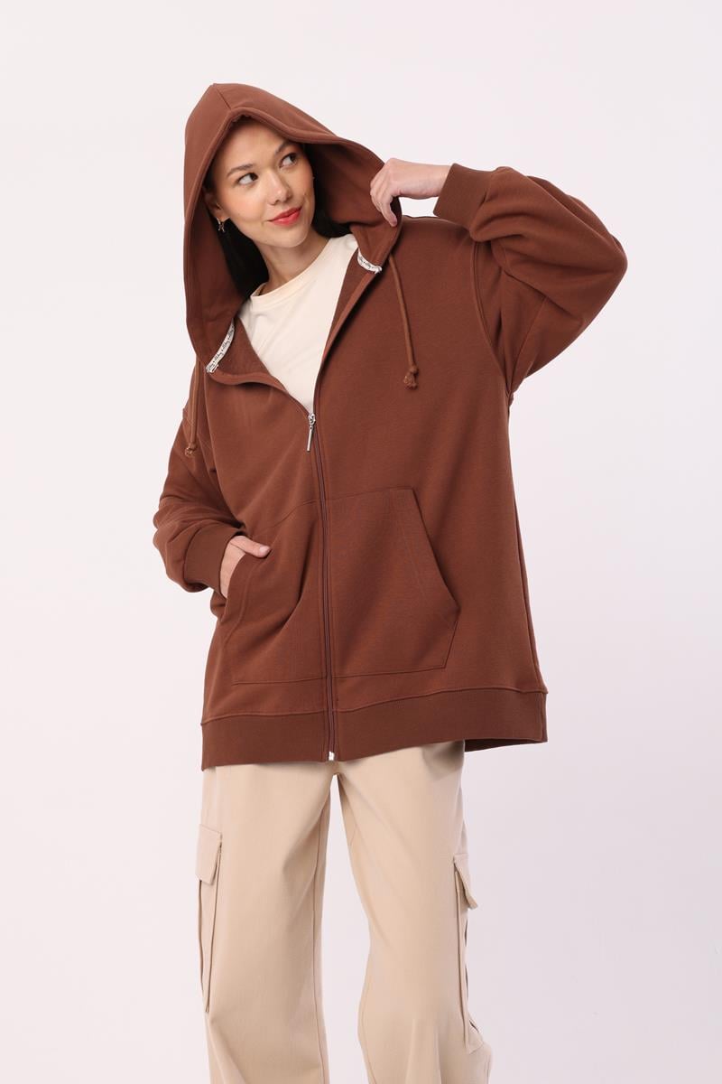 Cardigan sweat oversize marron clair avec poche kangourou