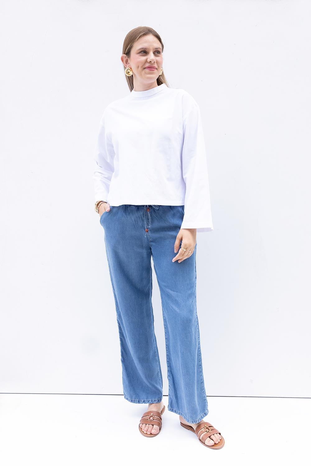 Açık Mavi-Beli Lastikli Denim Pantolon