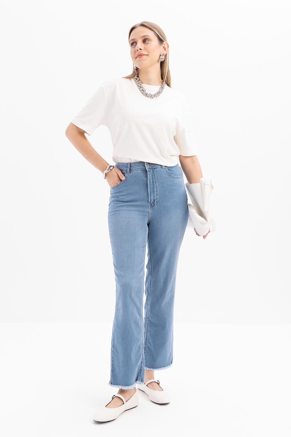 Açık Mavi-Geniş Paça Denim Pantolon
