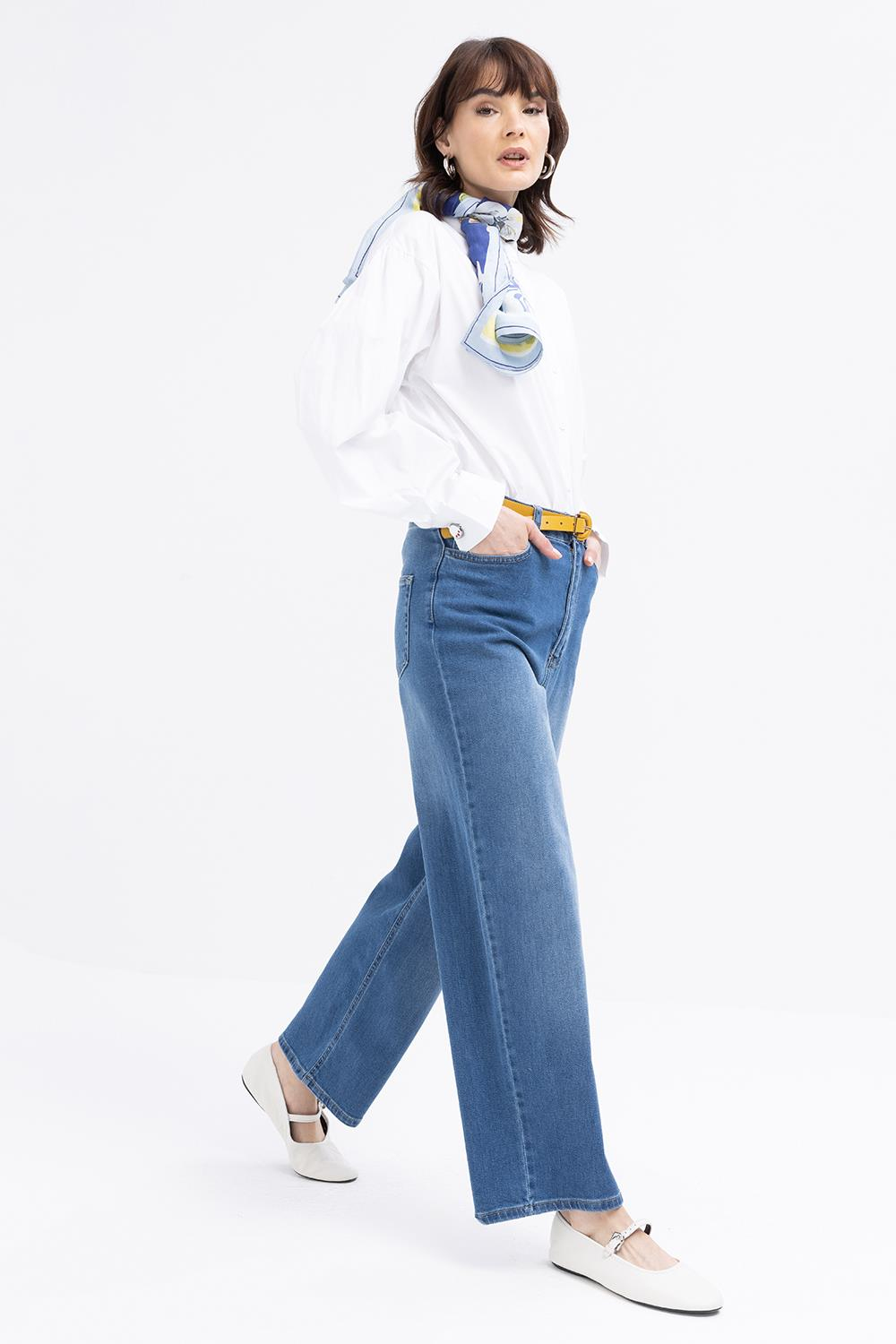 Açık Mavi-Geniş Paça Denim Pantolon