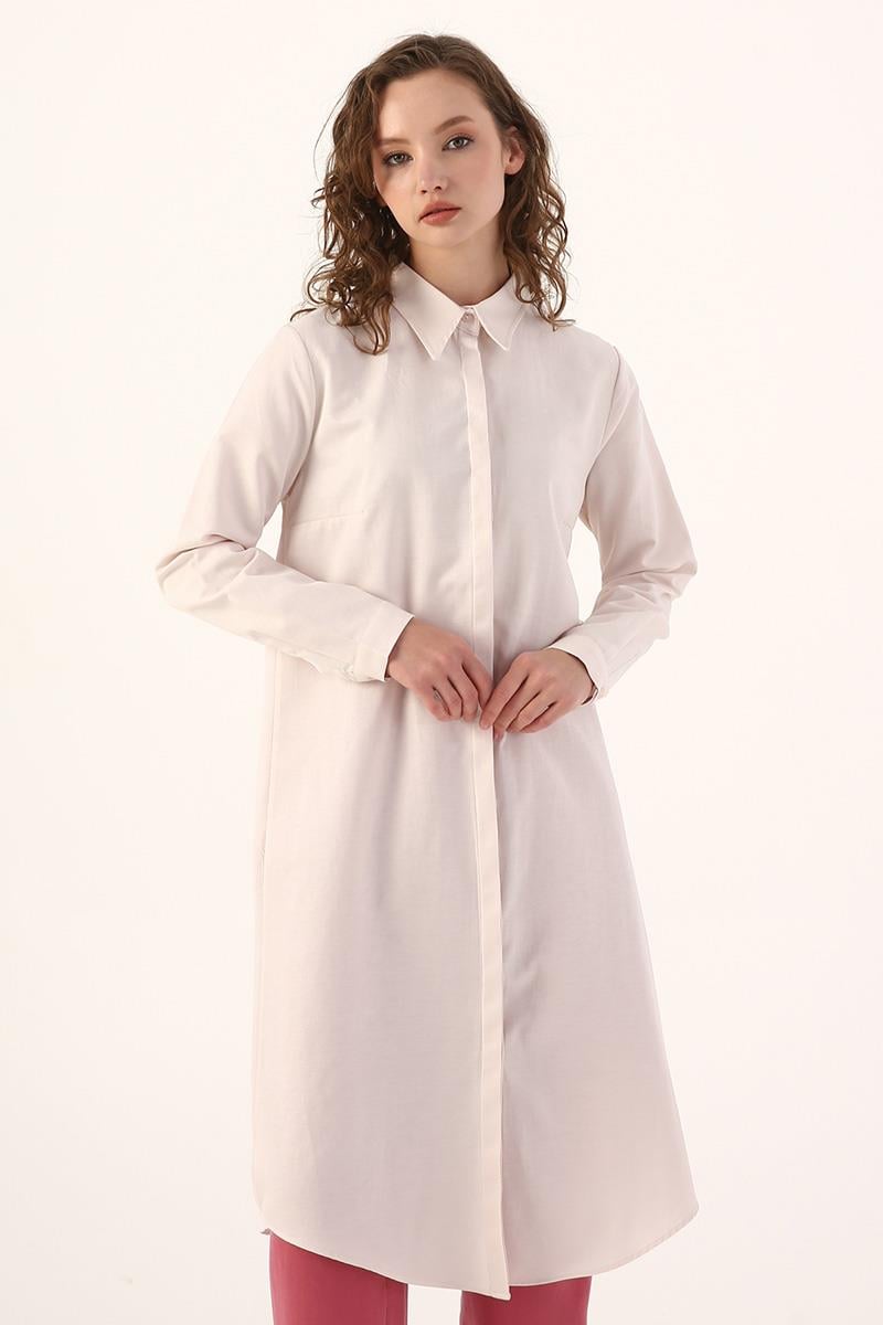 Chemise longue à carreaux cachés rose clair