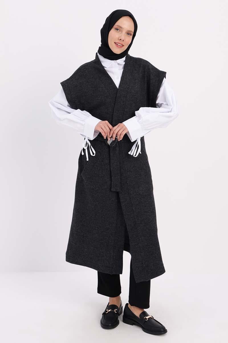 Anthracite-Belt Metal Buckle Long Vest with Pockets