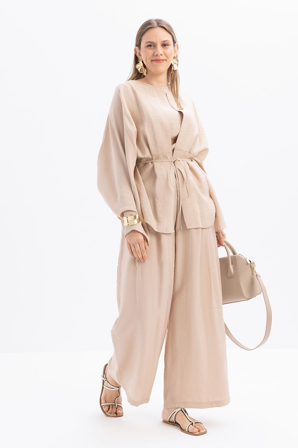 Bej-Belden Bağcıklı Modal Kimono