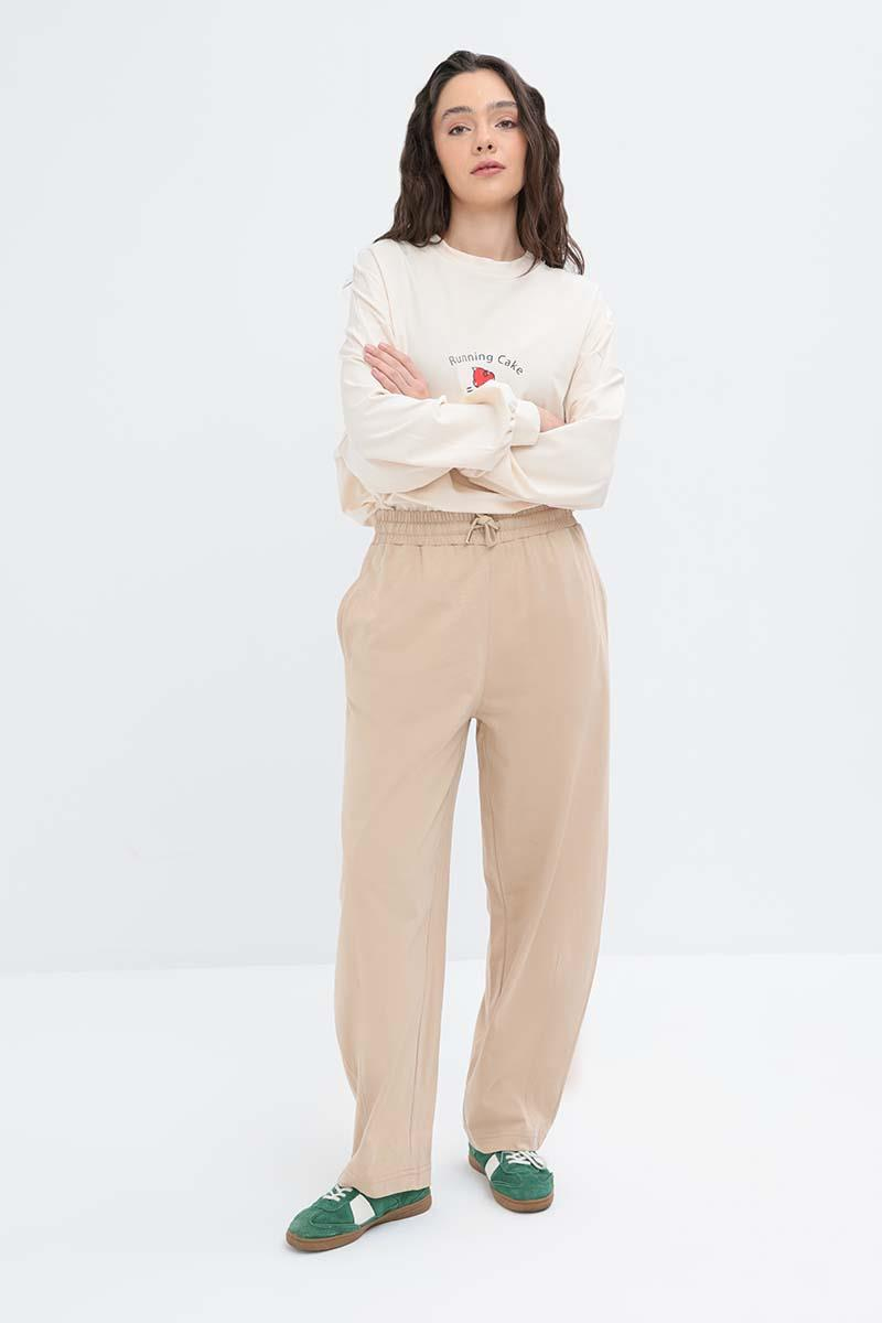 Bej-Beli Lastikli Slouchy Pantolon
