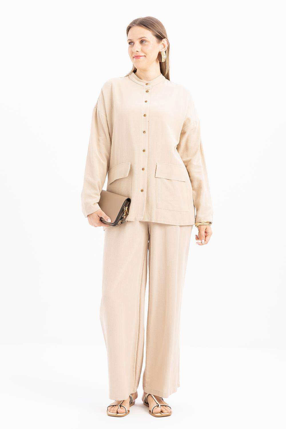 Beige-Viscose Shirt Tunic With Waist Ties