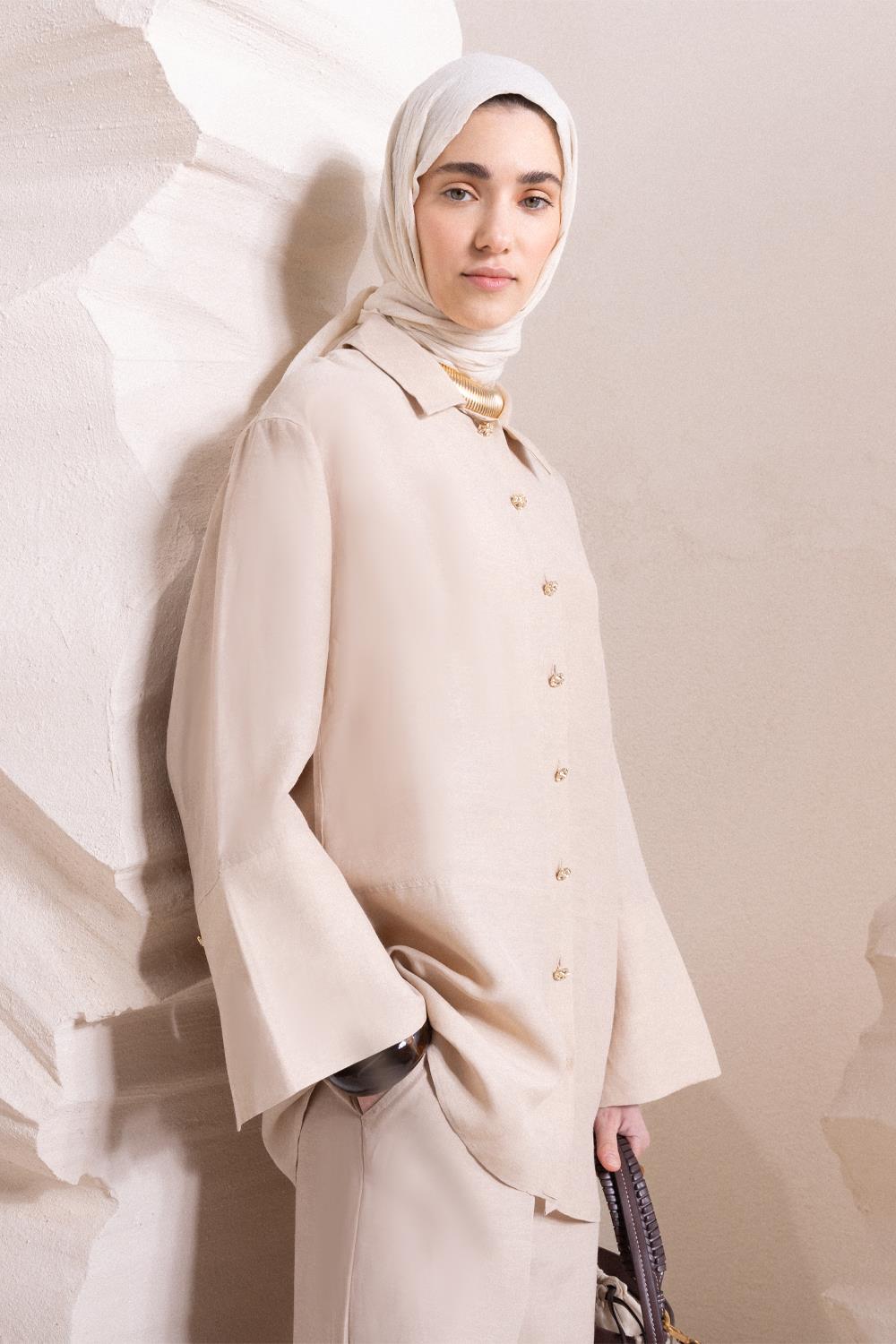 Beige - Wide Cuffed Slit Linen Pants Suit