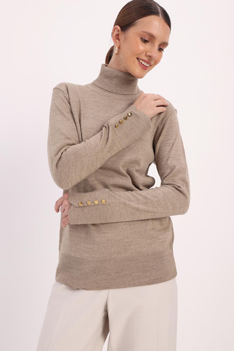 Beige-Buttoned Sleeve Sweater