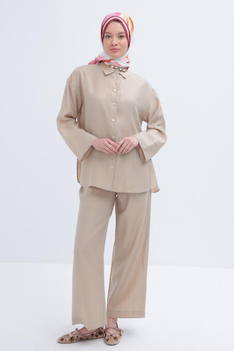 Bej-Tencel Pantolonlu Takım