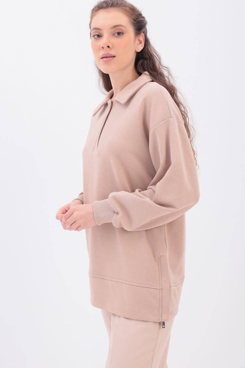 Beige-ZIPPERED SIDES COLLAR SWEAT TUNIC