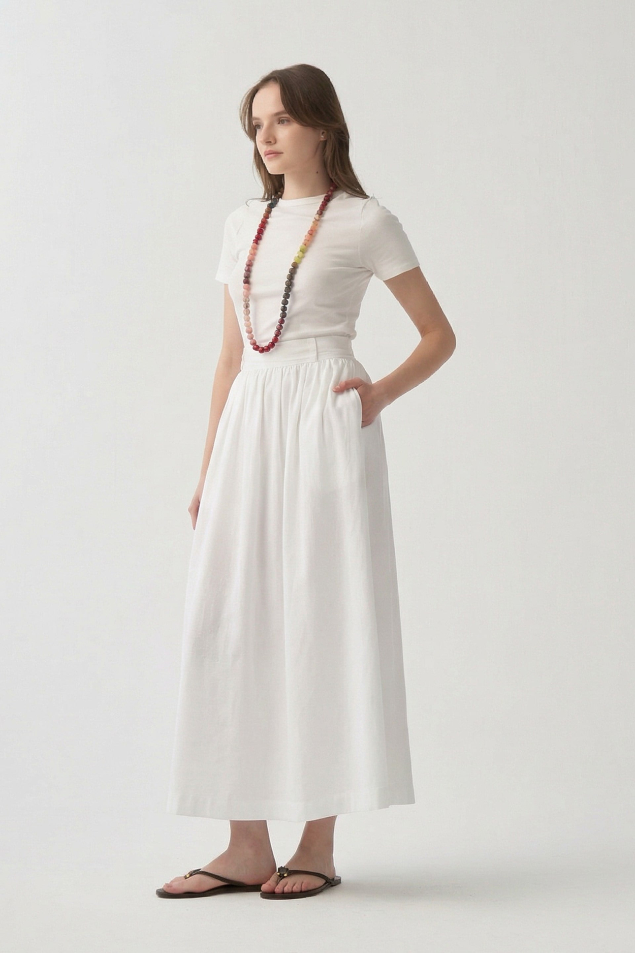 White-Gathered Flared Skirt
