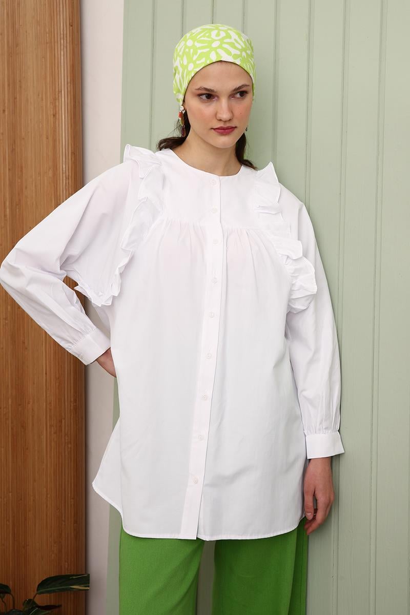 Tunique chemise à col ras du cou en coton blanc à volants