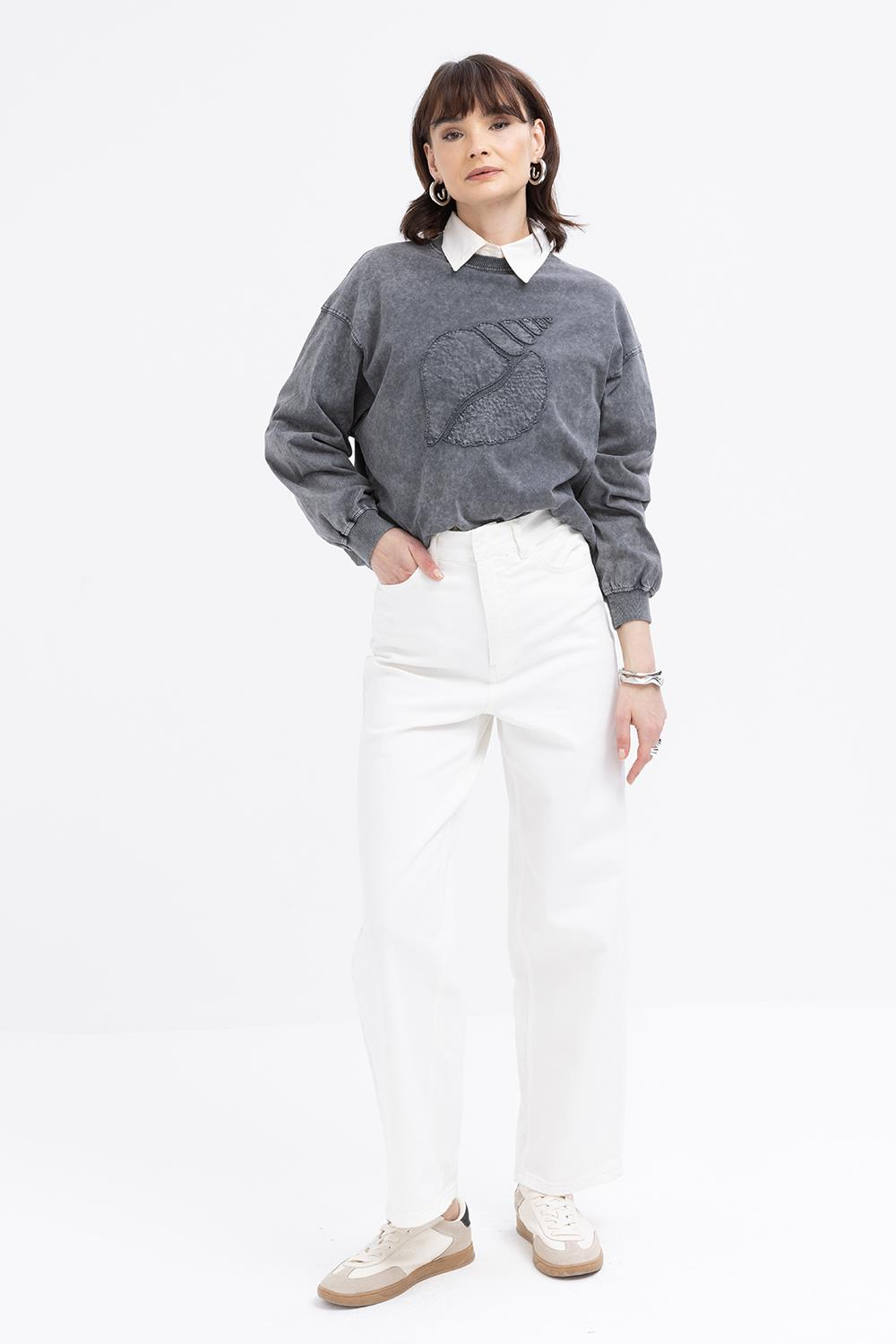 Beyaz-Geniş Paça Denim Pantolon