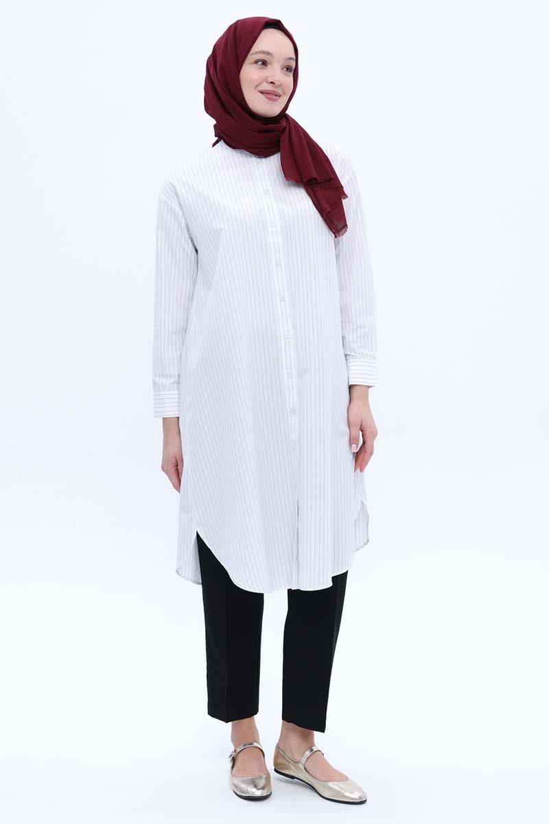 White-Cotton Striped Poplin Shirt Tunic