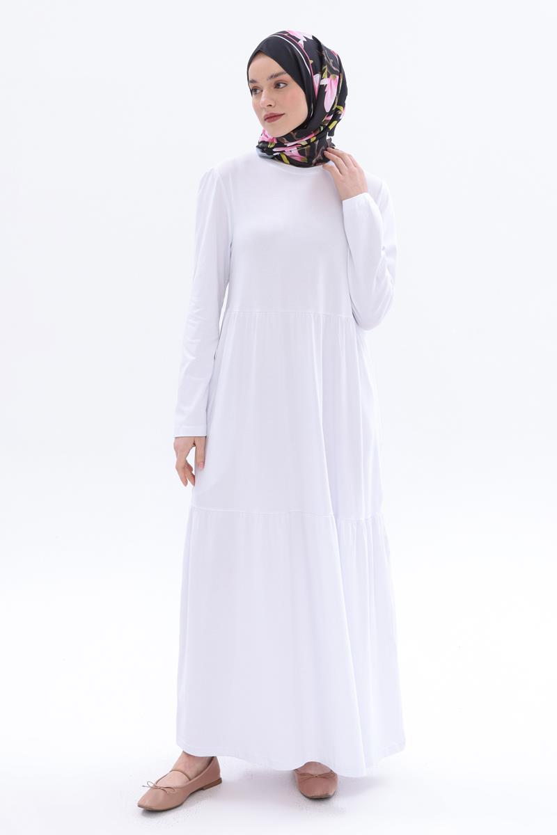 White-Cotton Ruffle Pocket Combed Cotton Dress