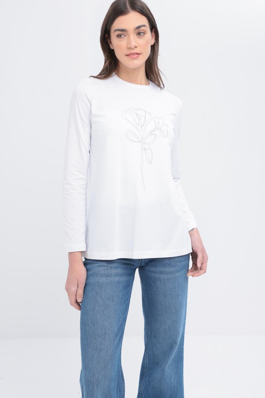 Beyaz-Zincir Nakışlı Uzun Kollu T-shirt