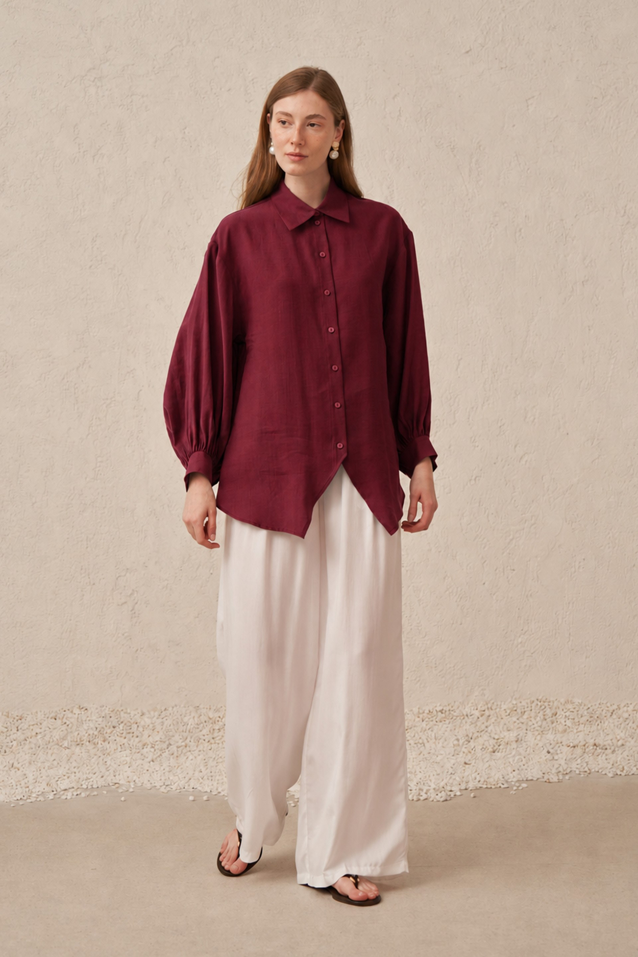 Bordo-Balon Kollu Oversize Gömlek