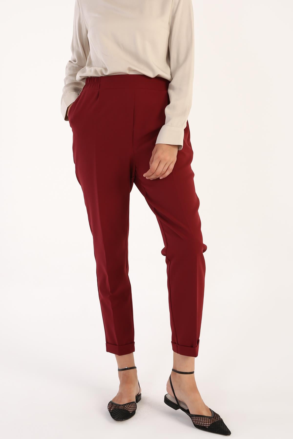 Bordo-Beli Lastikli Havuc Pantolon
