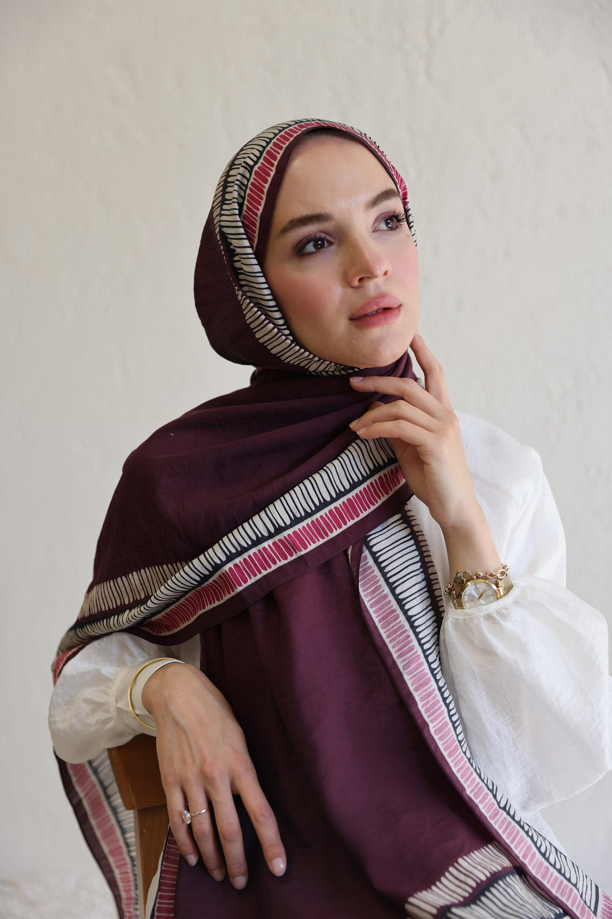 Bordo-Kibrit Çöpü Desenli Pamuklu Şal