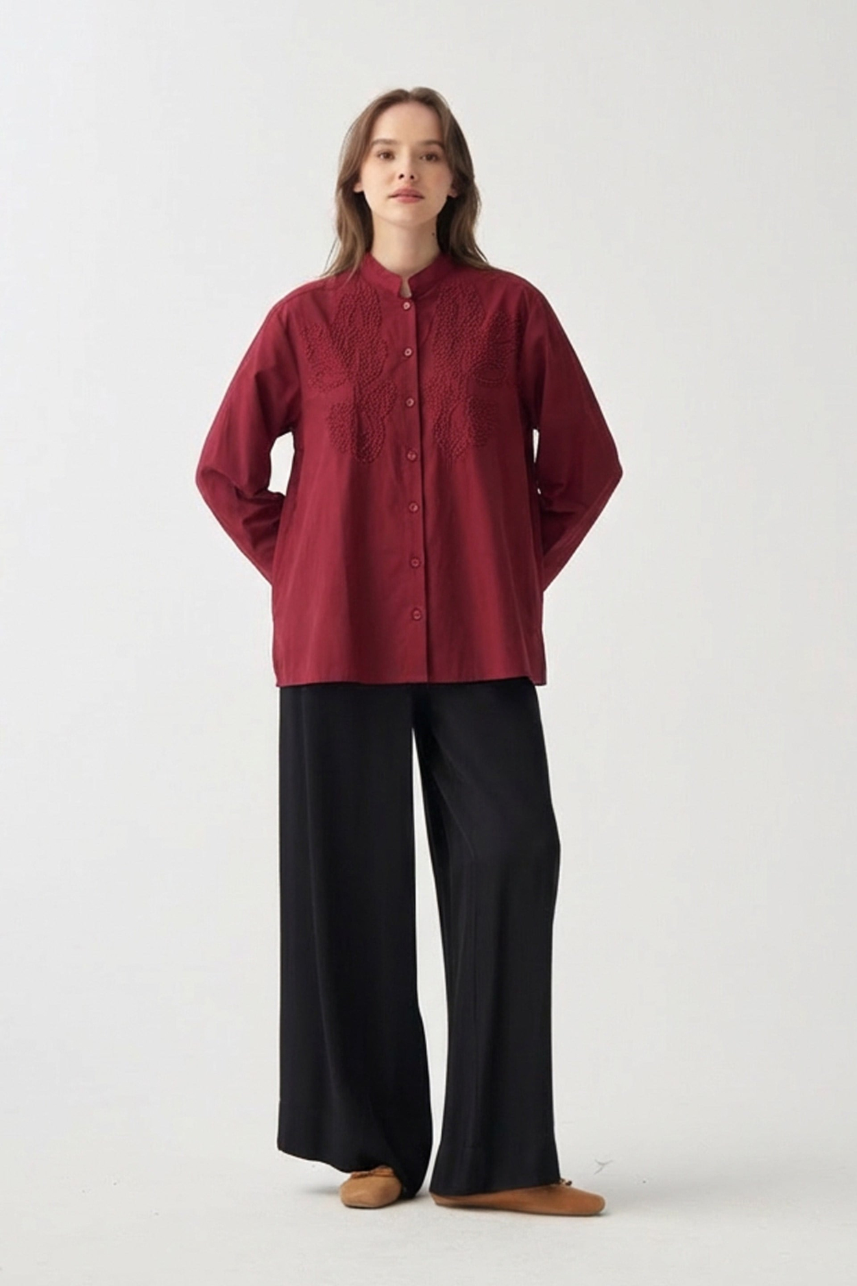 Burgundy-Embroidered Detail Shirt